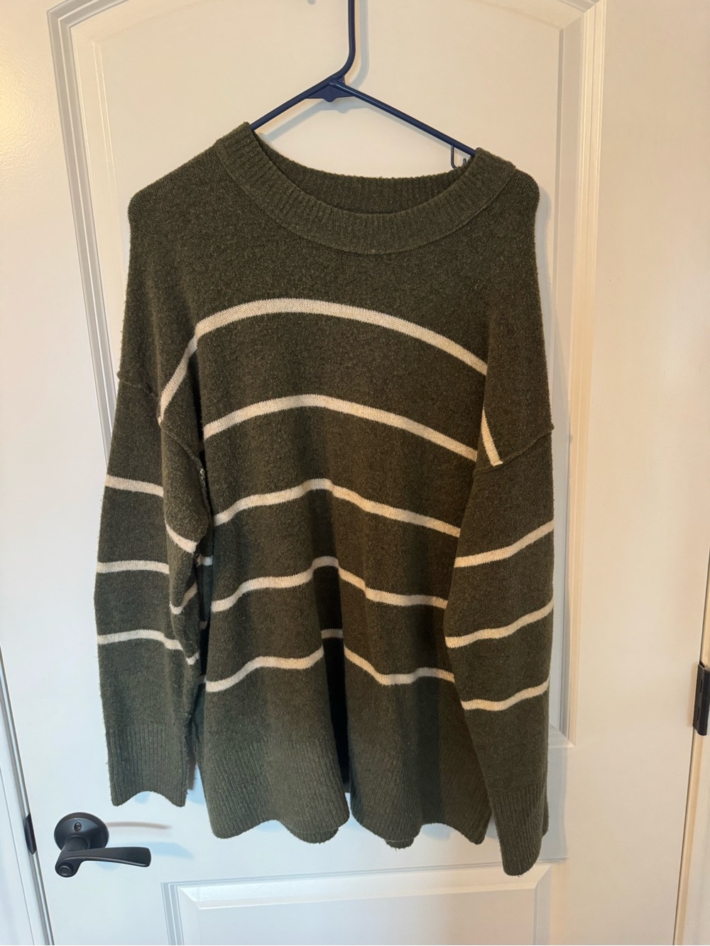 Aerie Olive Green Striped Oversized Crewneck Sweater
